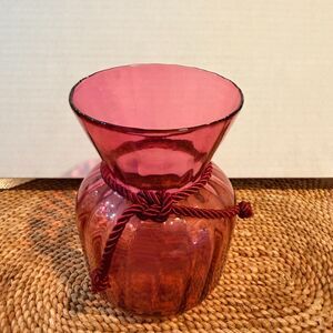 Vintage Pilgrim Cranberry Glass Vase Hand Blown Ribbed Flared Rim Cord